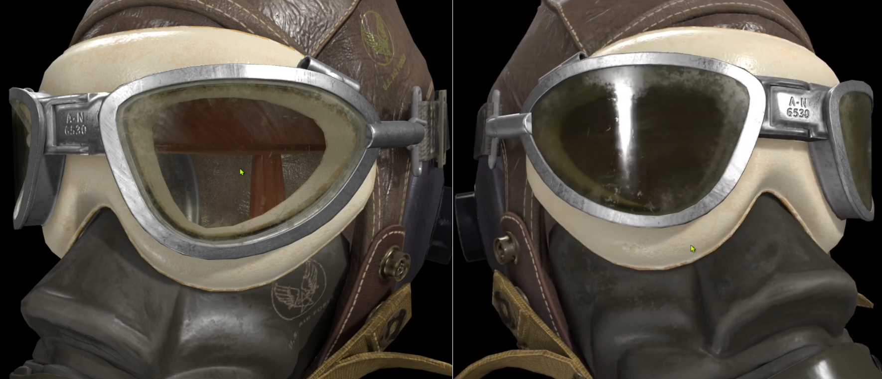 Synavya-corrected realistic glass on a pilot helmet in the viewport